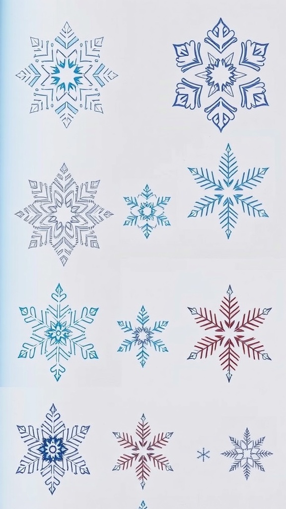 An illustrated guide of various snowflake designs for Christmas drawing.